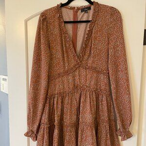 Lulus Floral Ruffle Dress, size medium, brown floral